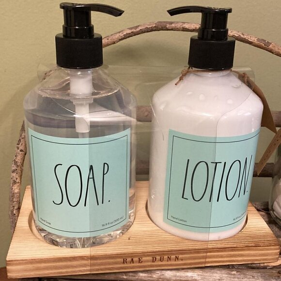 Rae Dunn Pump SOAP & LOTION on Wood Tray and CLEAN Cotton Pads Glass Jar Bundle - Picture 2 of 12